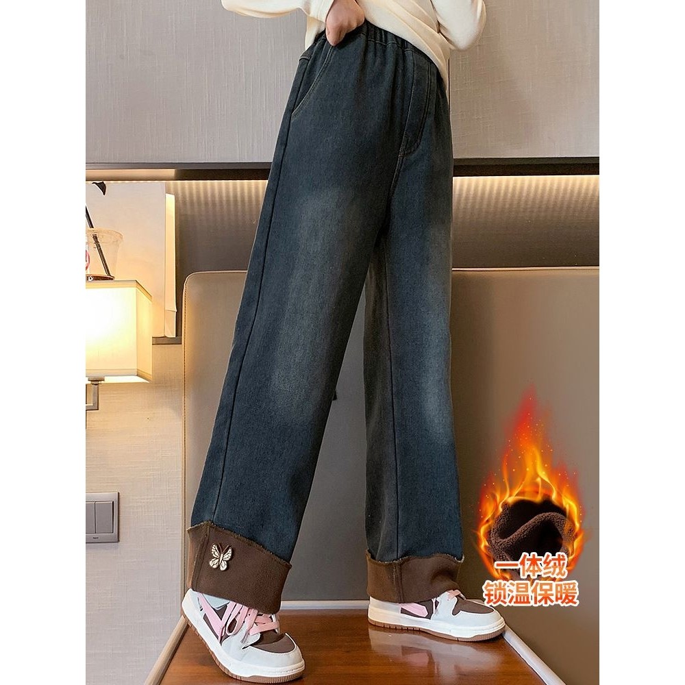 女童阔腿裤秋冬中大童加绒加厚宽松直筒牛仔裤冬季儿童裤子潮