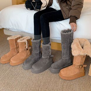 灰色雪地靴女2025冬季加绒加厚皮毛一体厚底增高长短筒靴雪地棉鞋
