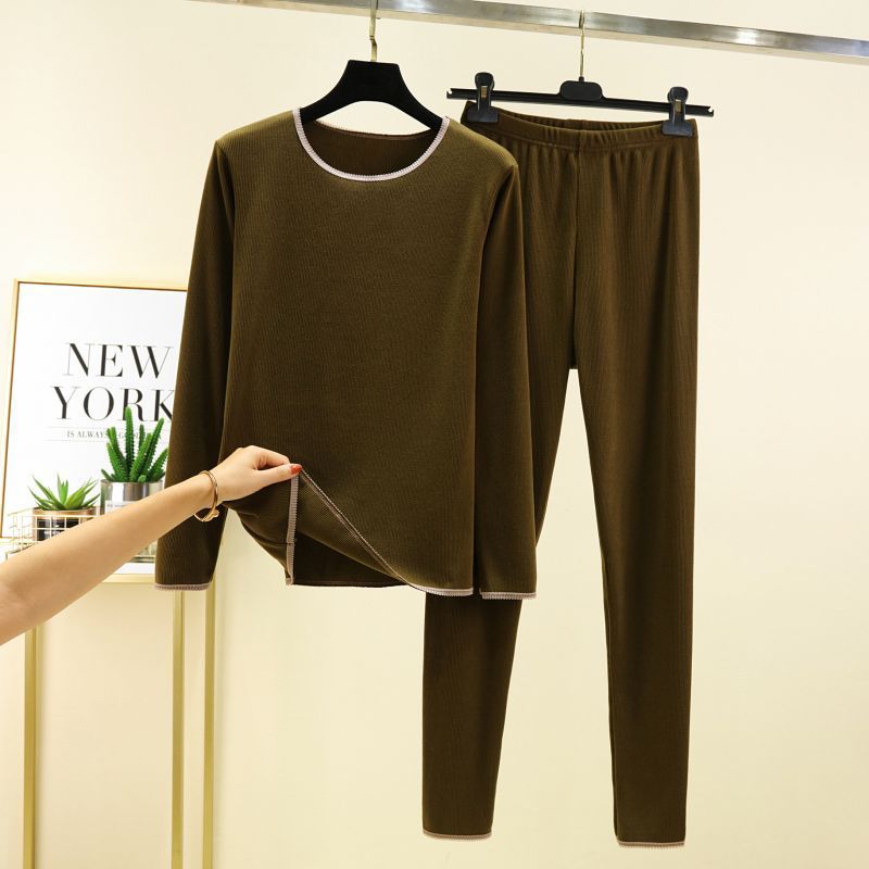 蕾丝德绒保暖内衣女秋冬季长袖打底修身发热加厚加绒秋衣秋裤套装