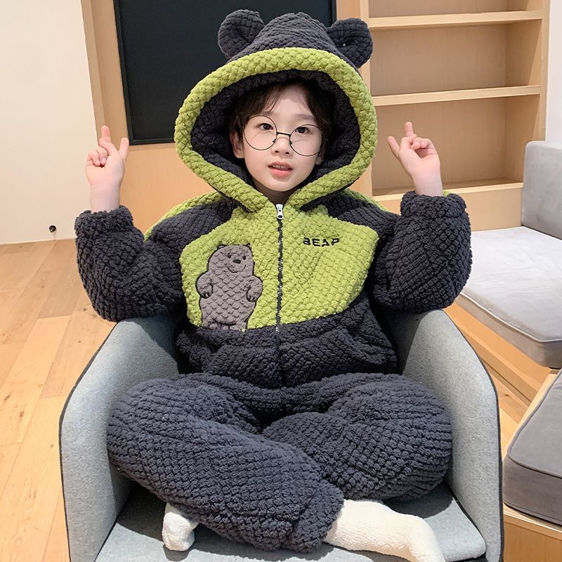 男童睡衣秋冬季珊瑚绒三层夹棉加厚加绒中大童男孩儿童家居服套装