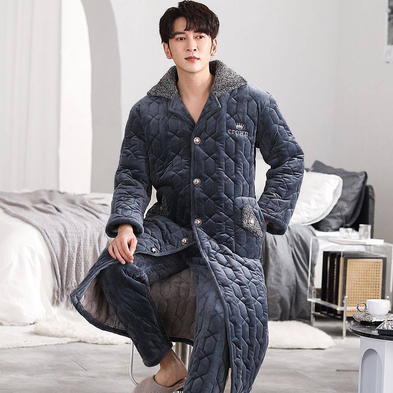 睡衣男冬季加厚保暖加绒珊瑚绒三层夹棉中长款睡袍套中年男士家居