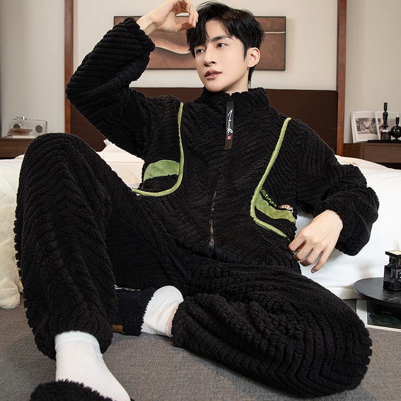 2025年新款睡衣男士秋冬季加绒加厚保暖法兰绒可外穿家居服套装男