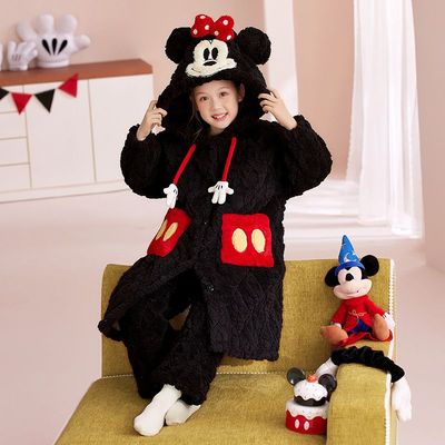 女童睡衣秋冬季加绒加厚珊瑚绒儿童三层夹棉睡袍大童女孩浴袍长款