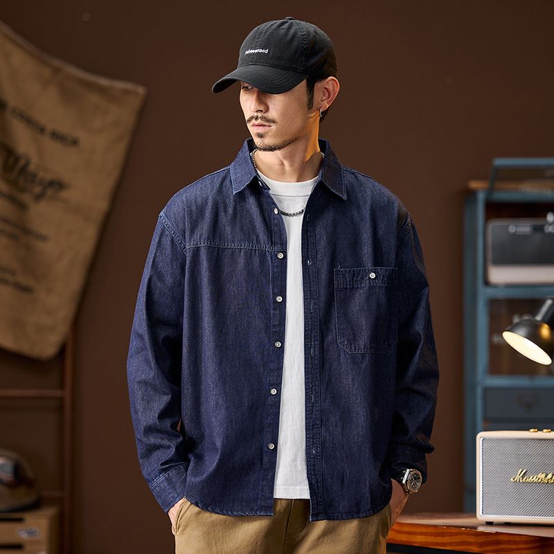 春季新款宽松大码牛仔衬衫男美式工装多口袋长袖衬衣薄款纯棉外套