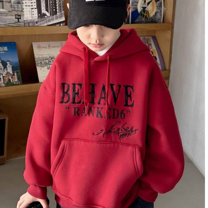 童装冬季男童红色卫衣加绒加厚中大童儿童连帽上衣新年服时尚外套
