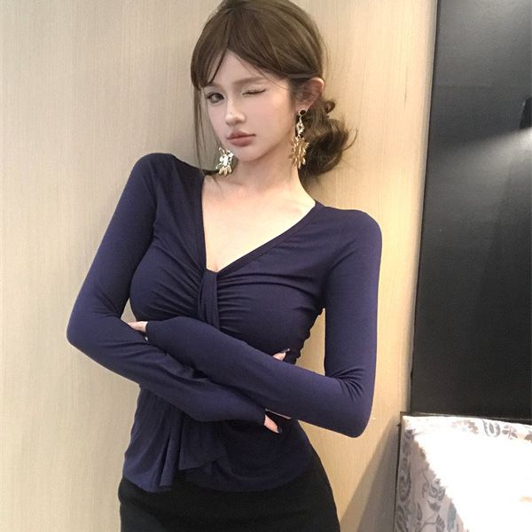 纯欲短款紧身上衣性感v领蓝色长袖T恤女秋季设计感收腰打底衫内搭