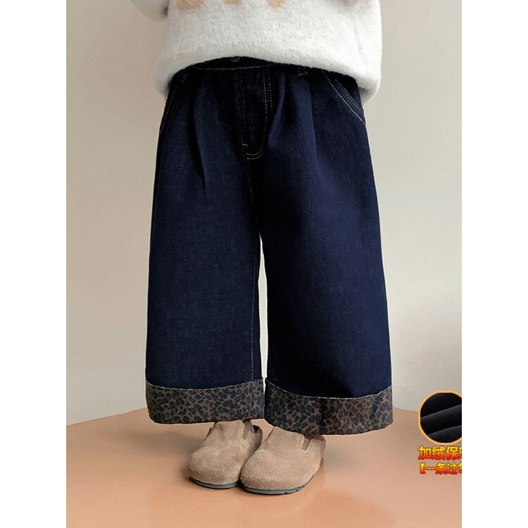 女童牛仔裤加绒秋冬2025新款女孩冬装儿童一体绒裤子加厚阔腿裤