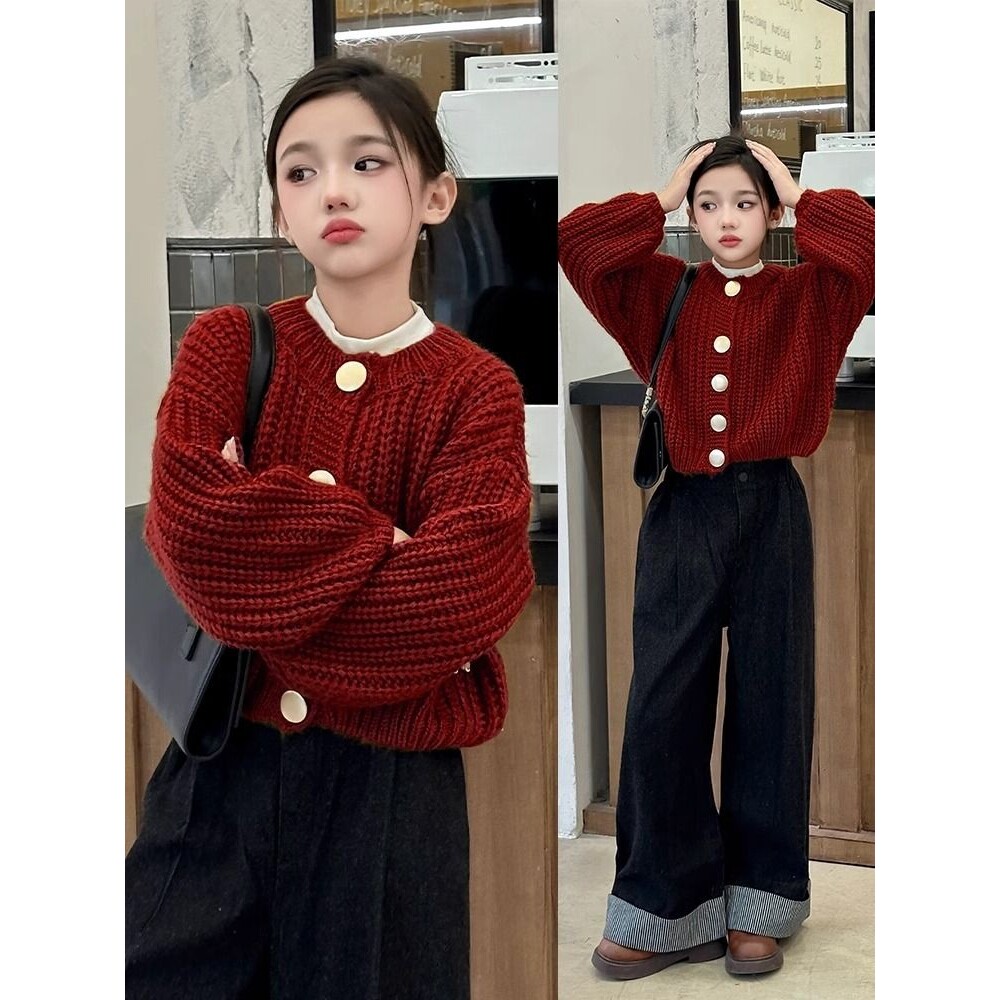 女童毛衣外套秋冬季年新款女孩洋气红色针织儿童秋装开衫上衣