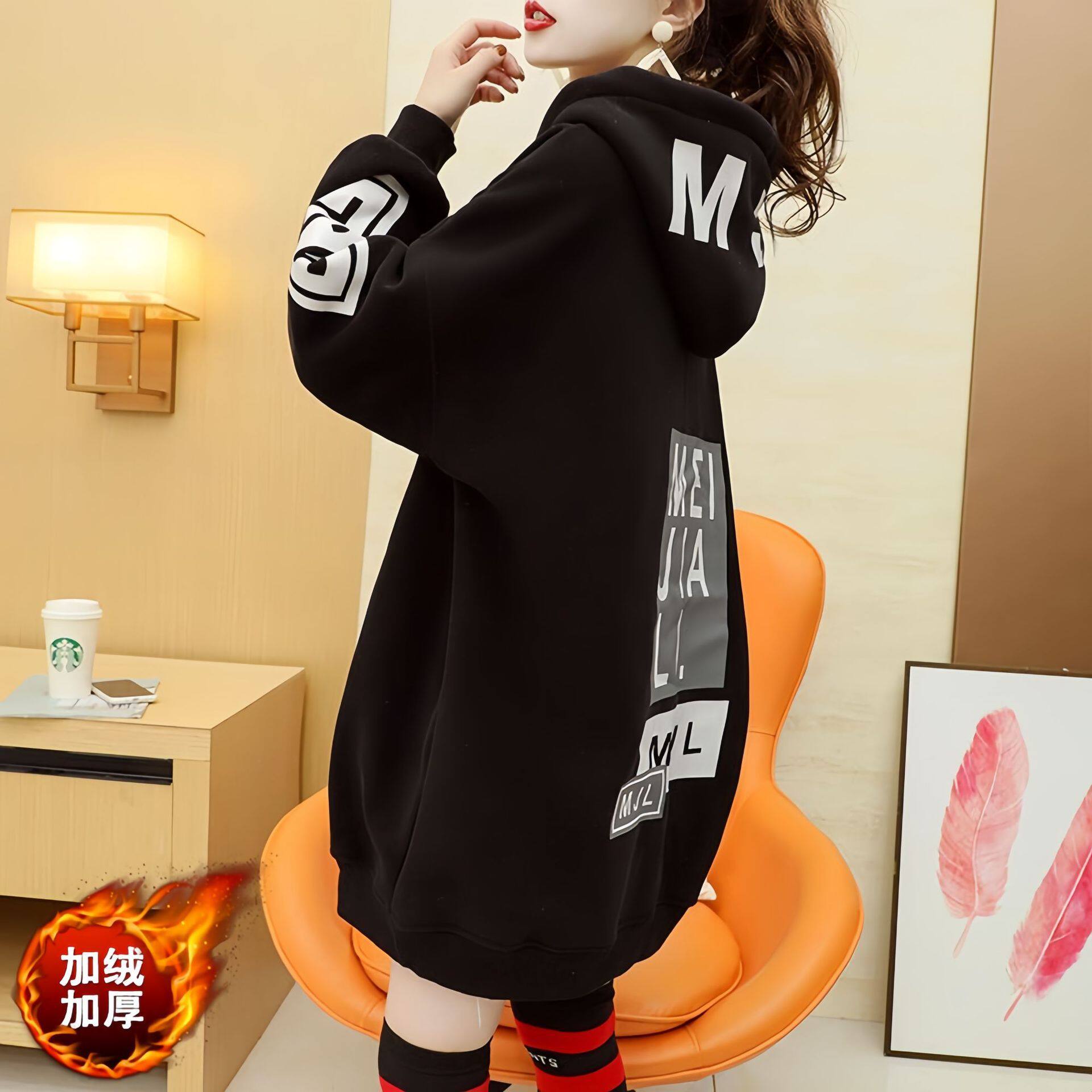 休闲百搭连帽卫衣女慵懒风宽松新款chic加绒加厚上衣秋冬外套