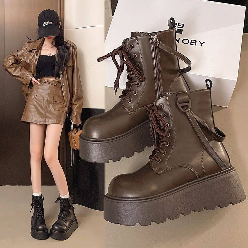 马丁靴女2025秋冬新款黑色圆头厚底增高英伦风高帮鞋短筒大头靴子,女鞋,马丁靴,淘宝优惠券,粉丝福利购,淘宝优惠卷