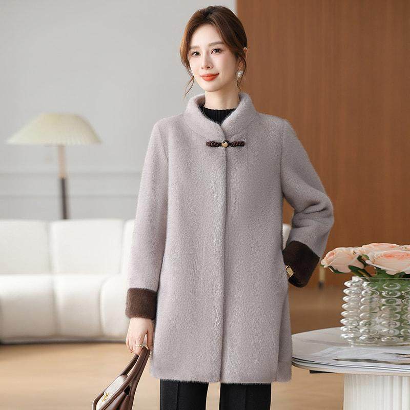 中年妈妈秋冬皮草外套新中式水貂绒风衣中老年女冬装皮毛一体大衣