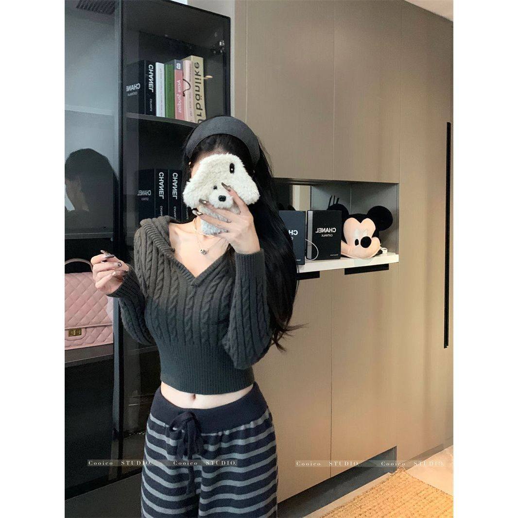 韩版纯色连帽长袖套头毛衣女秋修身麻花针织衫显瘦短款内搭上衣