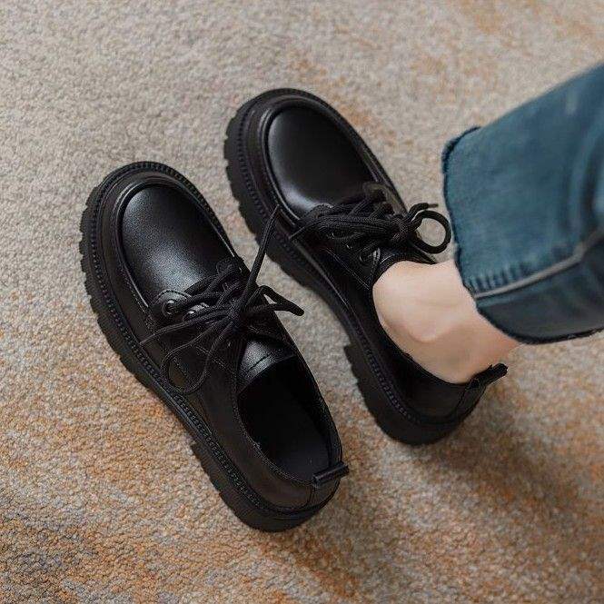 皮鞋黑复古2025新款单鞋厚底乐福鞋系带亮面百搭学院风加绒皮鞋女