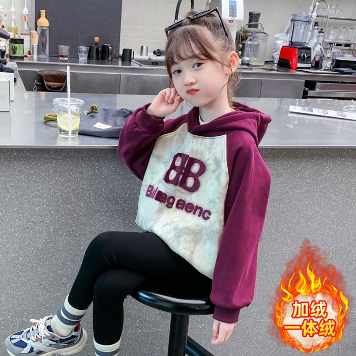 女童秋冬拼色卫衣加绒款新款儿童韩版休闲卫衣时尚连帽上衣潮