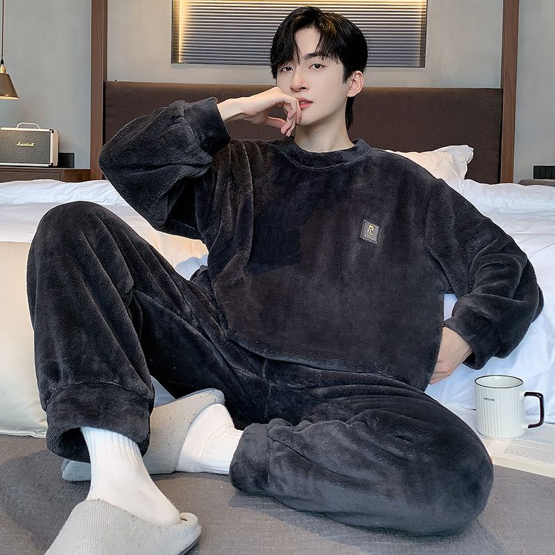 珊瑚绒睡衣男加厚加绒长袖法兰绒保暖套头家居服男士冬季两件套装