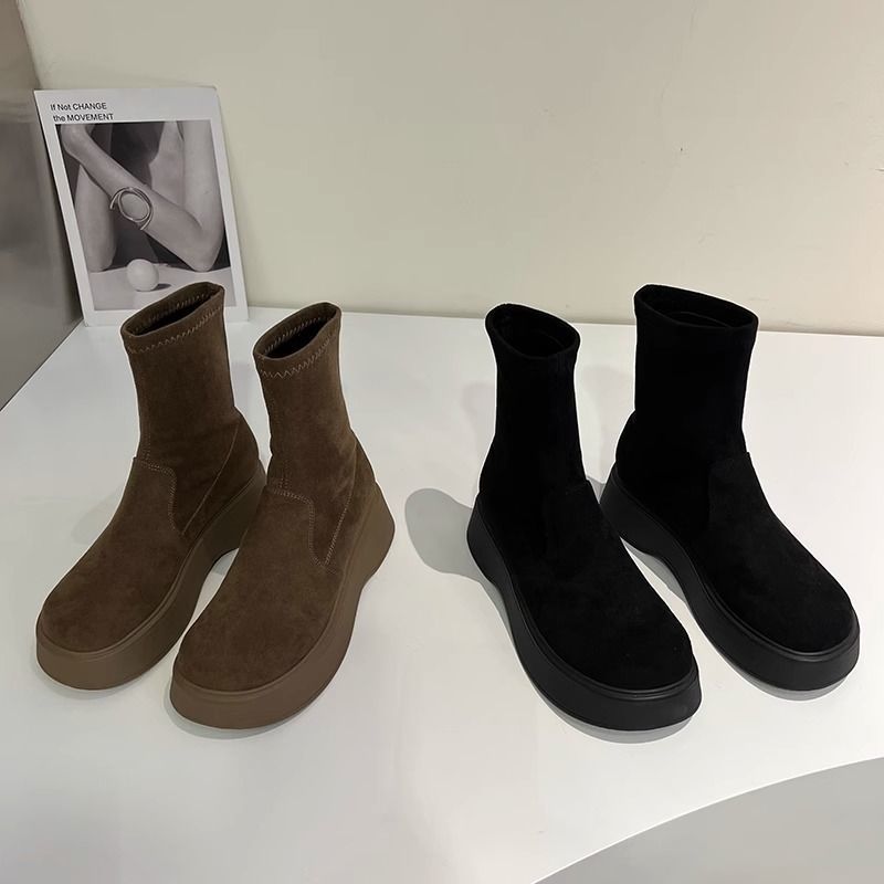 2025秋冬款百搭时尚洋气网红瘦瘦靴厚底马丁弹力靴女加绒绒面短靴