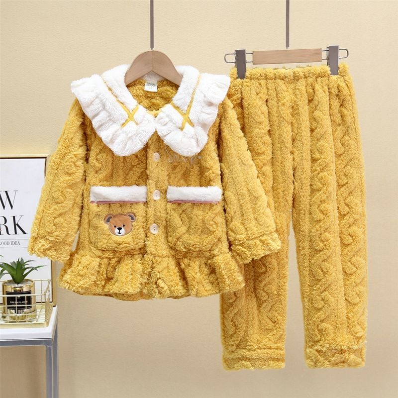 秋冬款花边女童法兰绒加绒加厚套装公主保暖家居服儿童珊瑚绒睡衣