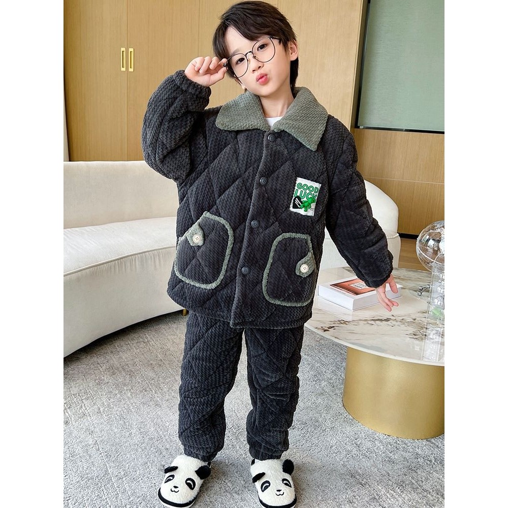 儿童睡衣男童冬季加厚款法兰绒三层夹棉加绒男孩女童珊瑚绒家居服
