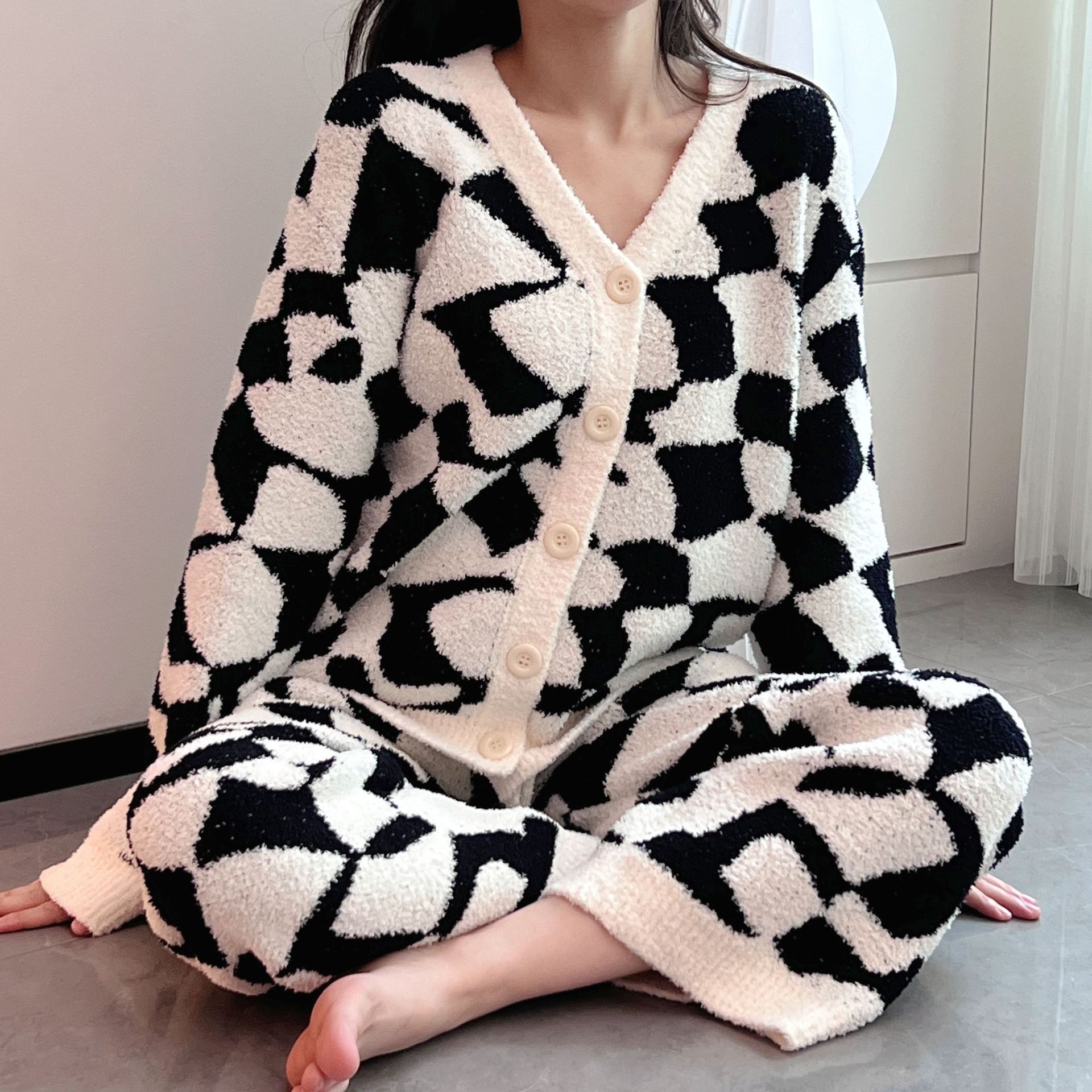 气质棋盘格半边绒睡衣女秋冬天软绵绵舒适加绒加厚保暖家居服套装