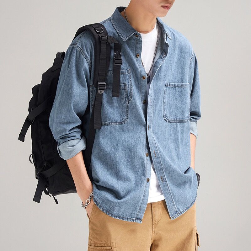 美式经典深蓝帅气软牛仔休闲衬衫男秋季微宽松工装长袖衬衣外套男
