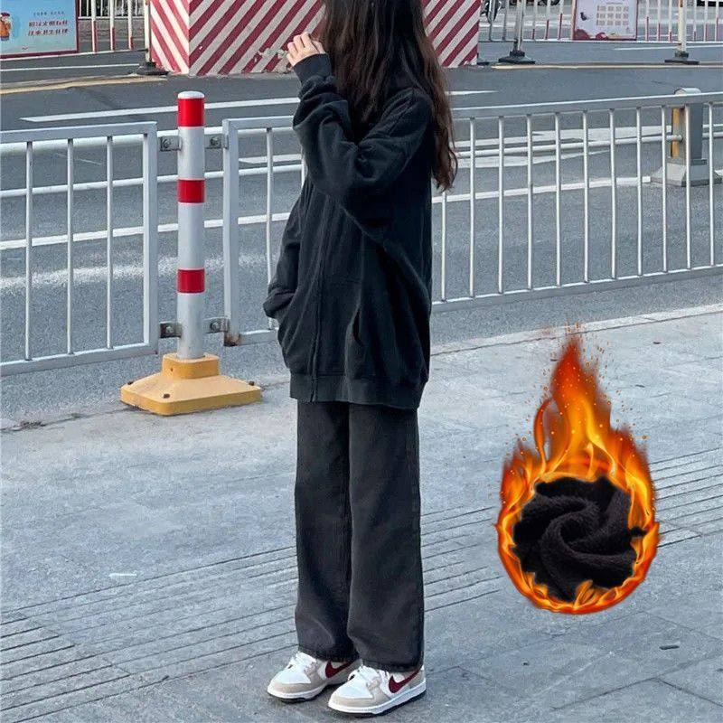 加绒加厚黑灰阔腿牛仔裤女秋冬保暖高腰大码休闲直筒裤拖地长裤子