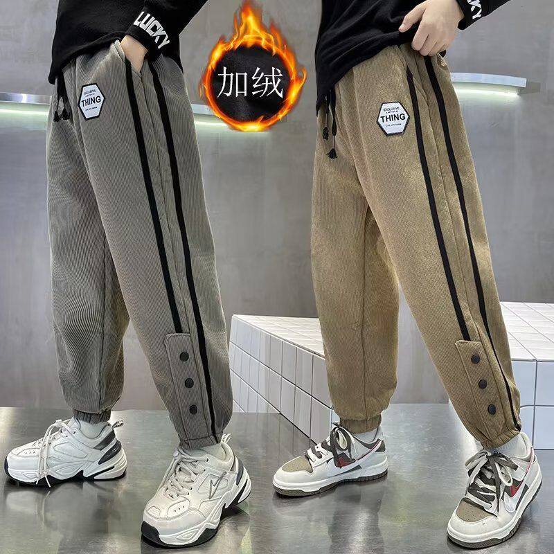 男童裤子加绒秋冬款新款儿童宽松卫裤冬季中大童一体绒运动裤