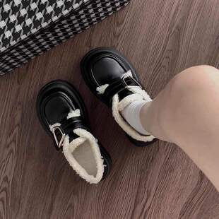 加绒复古英伦风厚底小皮鞋女2025新款秋冬季棉鞋一脚蹬法式乐福鞋