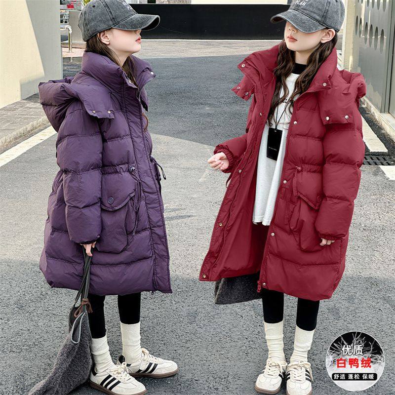 女童长款羽绒服冬季2025新款儿童冬装加厚红色大童秋冬白鸭绒外套
