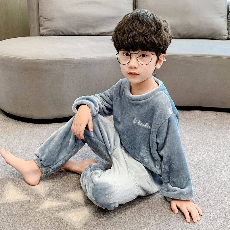 严选暖暖套睡衣儿童家居服长袖男童男孩珊瑚绒秋冬季宝宝亲子加绒