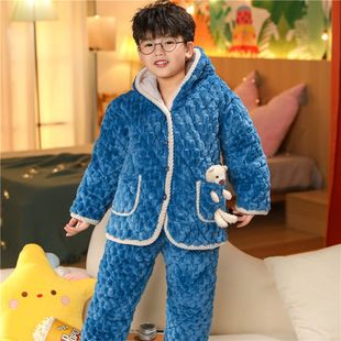 冬季 儿童三层夹棉睡衣女童加绒加厚男孩女宝宝中大童法兰绒家居服