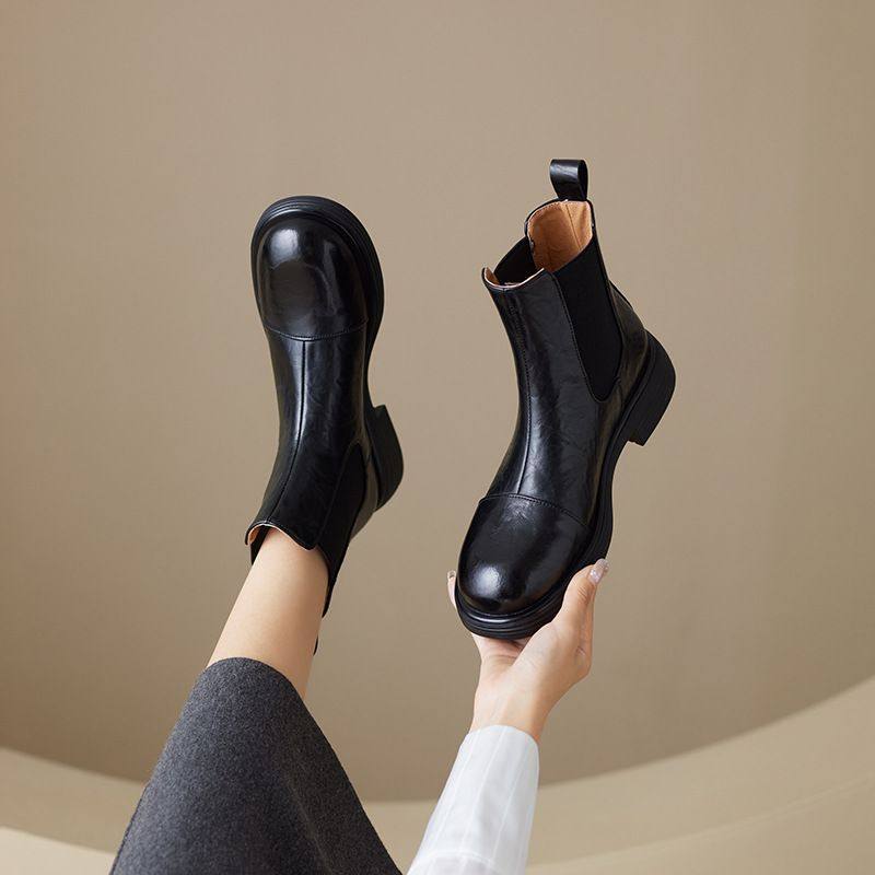 2025新款秋冬英伦复古牛皮切尔西女短靴马丁靴烟筒靴平底春秋裸靴,女鞋,马丁靴,淘宝优惠券,粉丝福利购,淘宝优惠卷