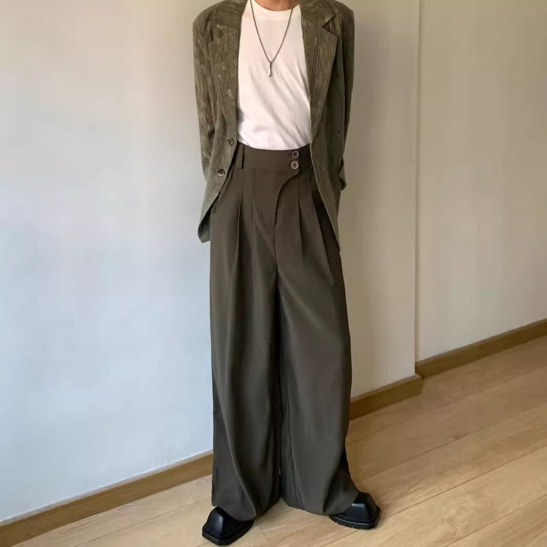 韩系高级感高腰西裤男春秋宽松直筒休闲坠感设计感百搭西装裤子潮