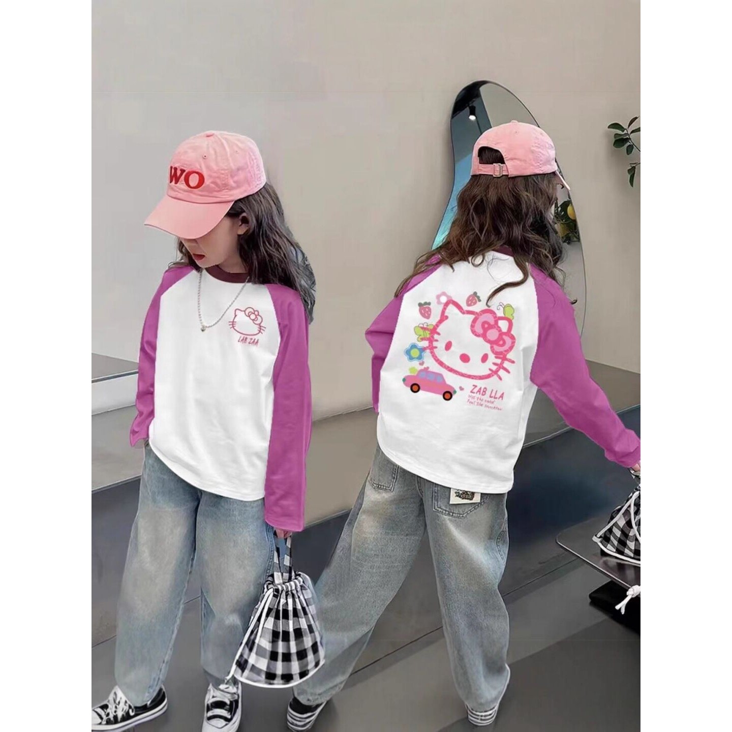 100%纯棉童装女童t恤洋气拼接长袖春秋新款中小童女童插肩袖打底