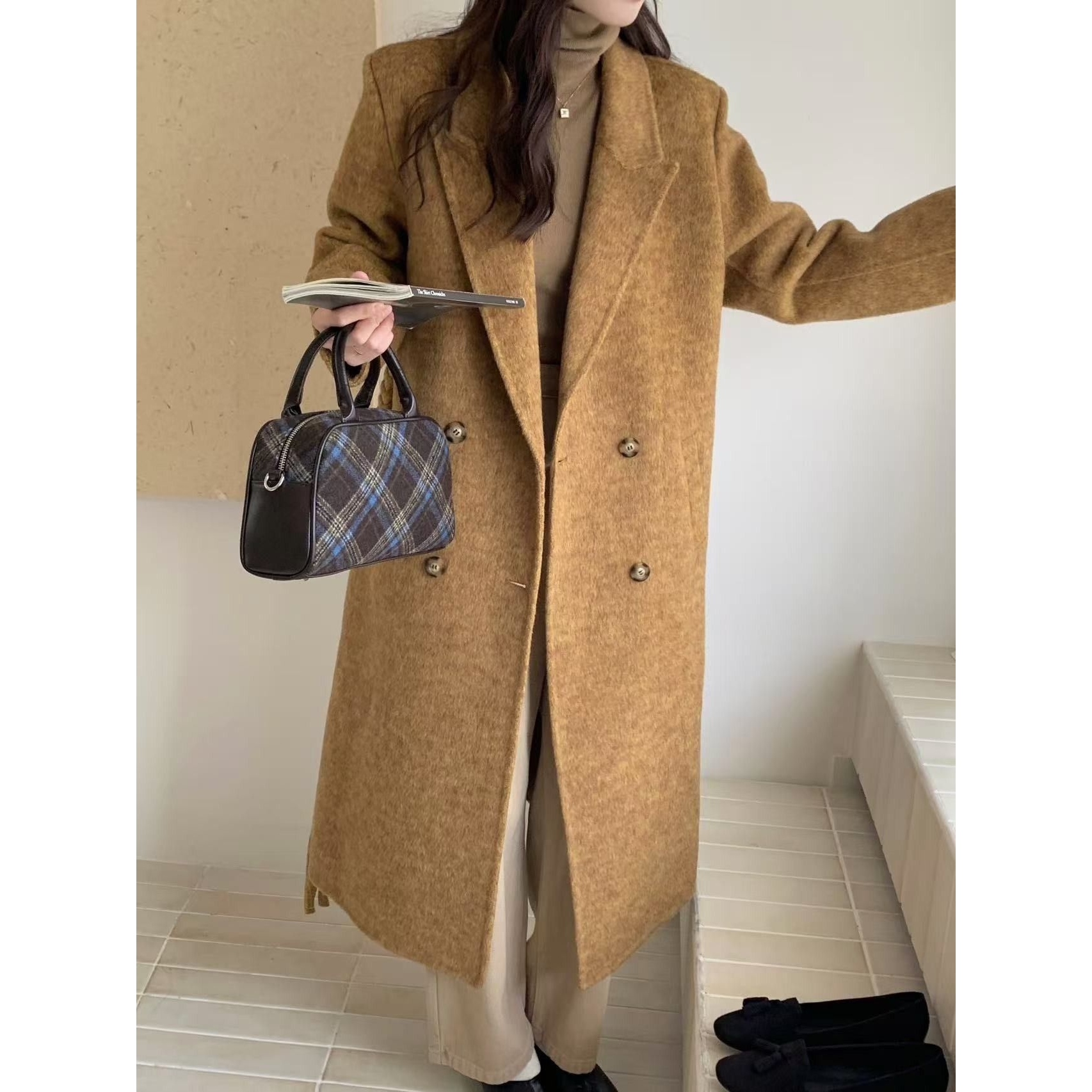 编织腰带设计秋冬长袖新款双面羊毛大衣加长款高级感毛呢外套女