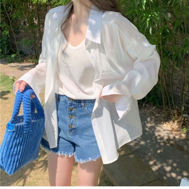 冰丝防晒衬衫女夏季天丝薄款衬衣法式长袖开衫上衣外套透气轻盈