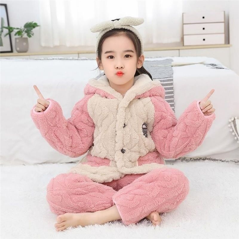 儿童睡衣冬季棉袄加绒加厚法兰绒提花小中大童男女宝宝家居服套装