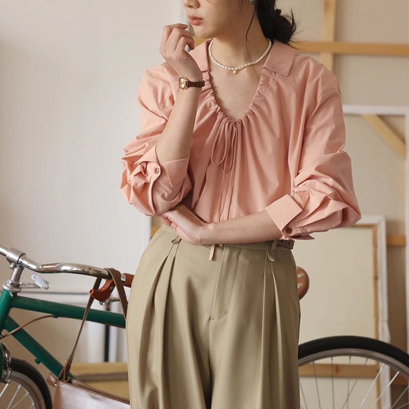 法式复古抽绳v领衬衫女春季2025新款宽松长袖衬衣上衣