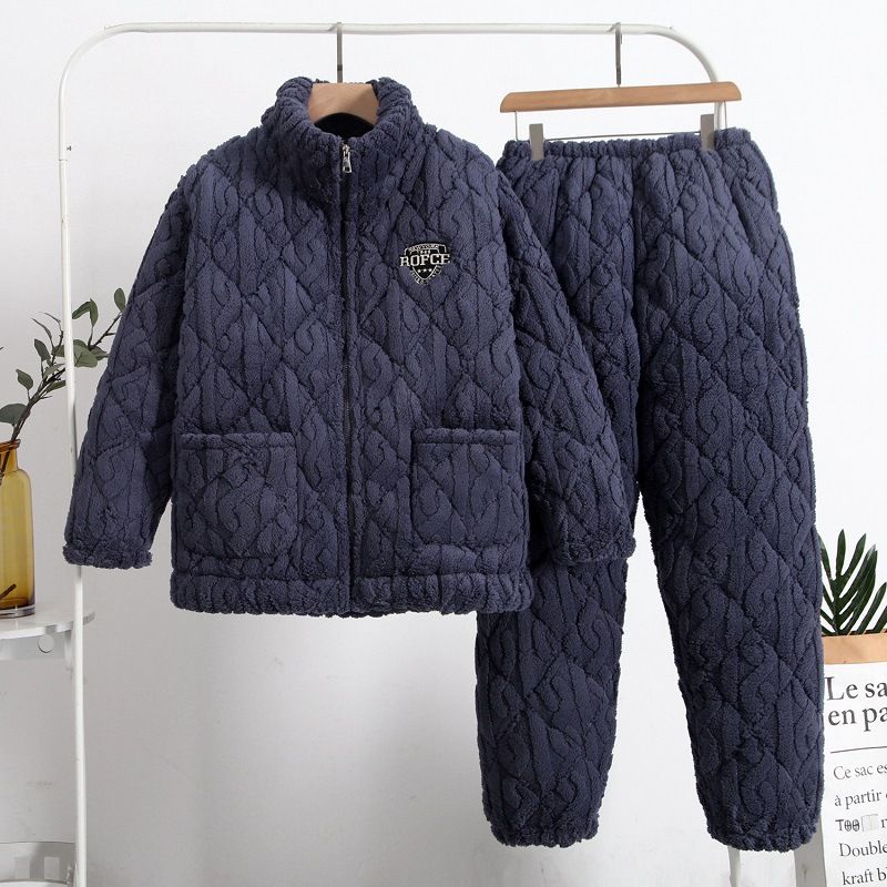 睡衣男冬季加厚加绒珊瑚绒夹棉保暖可外穿中老年爸爸家居服秋冬款