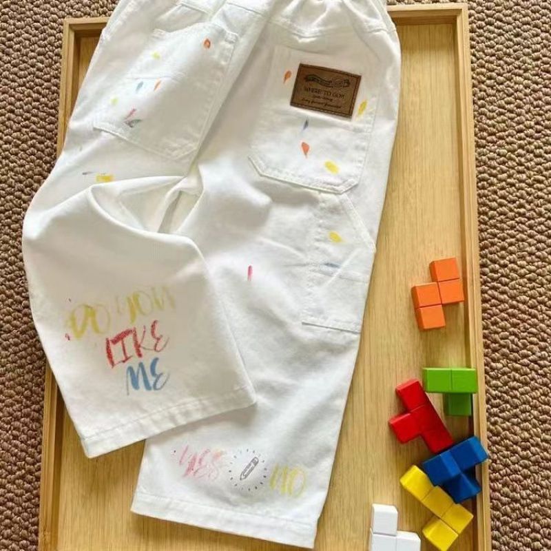 韩国童装儿童裤子2025夏季男女童洋气时髦手绘白色牛仔裤休闲裤潮