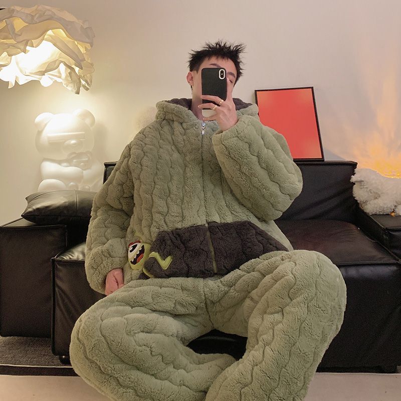 睡衣男珊瑚绒冬季法兰绒加厚加绒三层夹棉袄保暖青少年连帽家居服