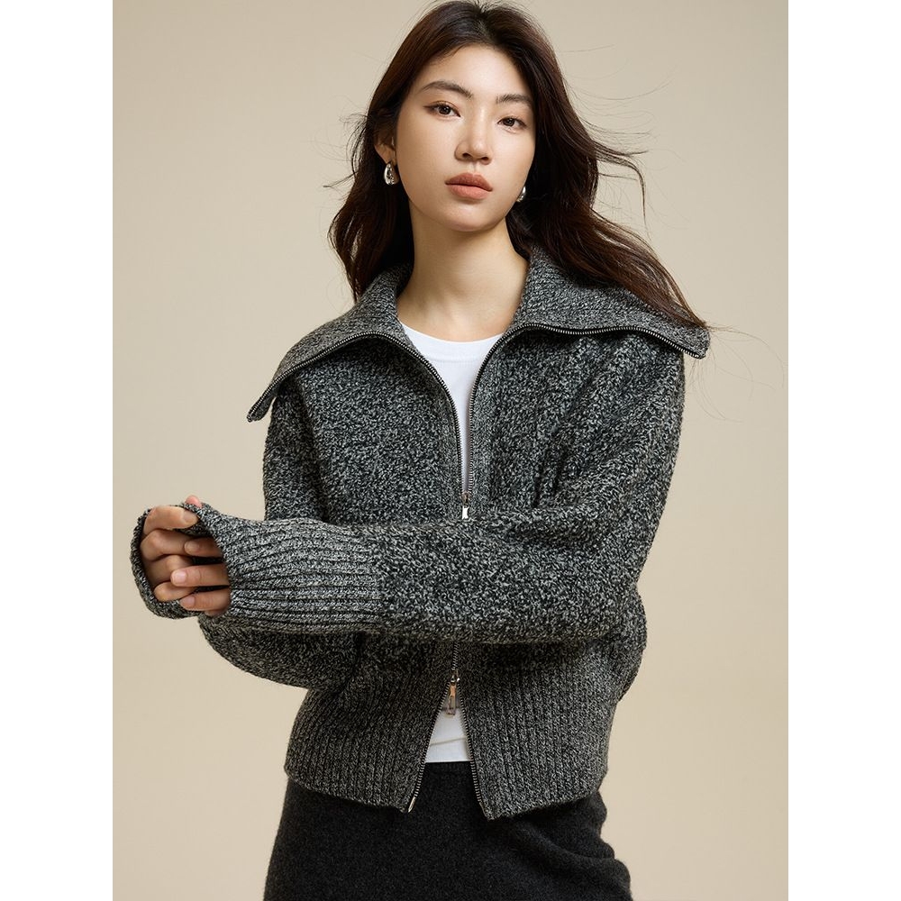 高级感 圈圈纱大翻领拉链开衫女纯羊毛外套25秋冬新款针织毛衣厚