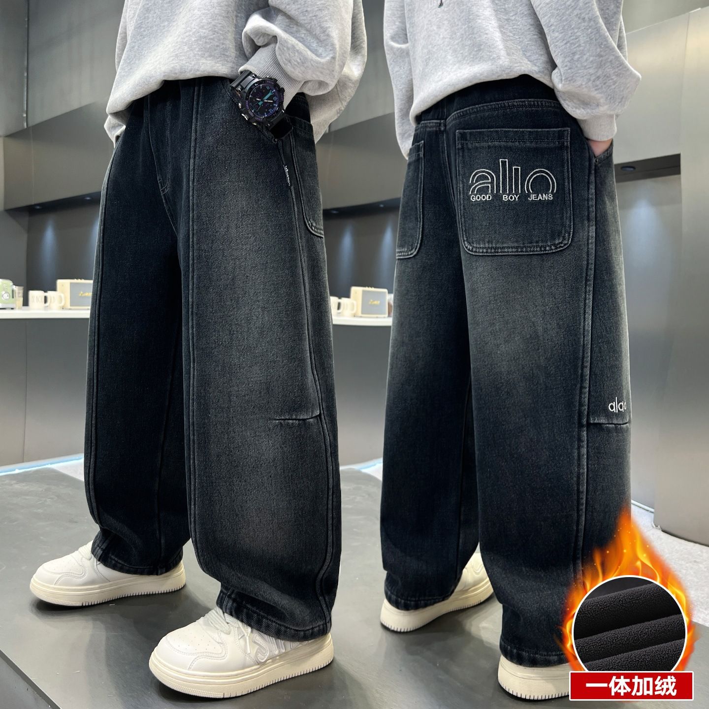 男童加绒裤子一体绒2025新款儿童牛仔裤中大童秋冬加厚男孩保暖裤