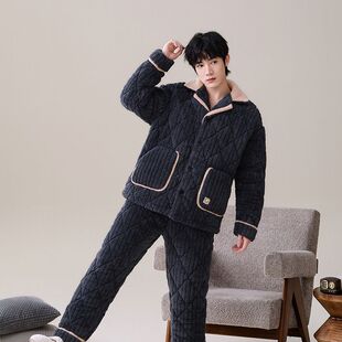 珊瑚绒睡衣男秋冬季加绒加厚三层夹棉青少年冬天保暖家居服两件套