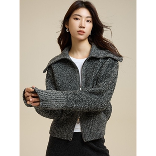 高级感 圈圈纱大翻领拉链开衫女纯羊毛外套25秋冬新款针织毛衣厚
