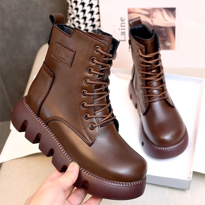 真软皮马丁靴女秋冬季新款复古百搭英伦轻便松糕厚底短靴棉靴