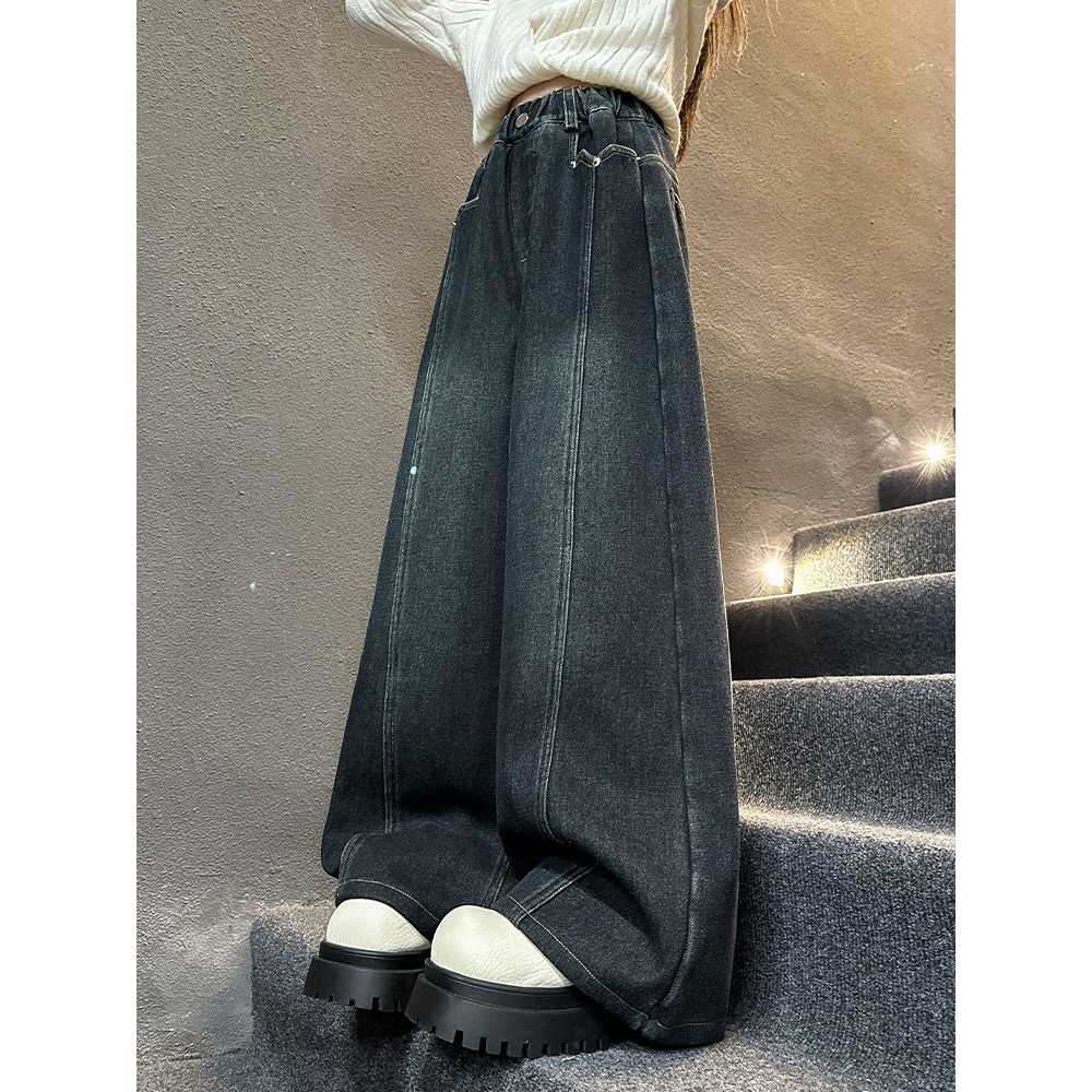 女童牛仔裤秋冬2025新款大童加绒加厚冬款阔腿裤潮酷冬季儿童裤子