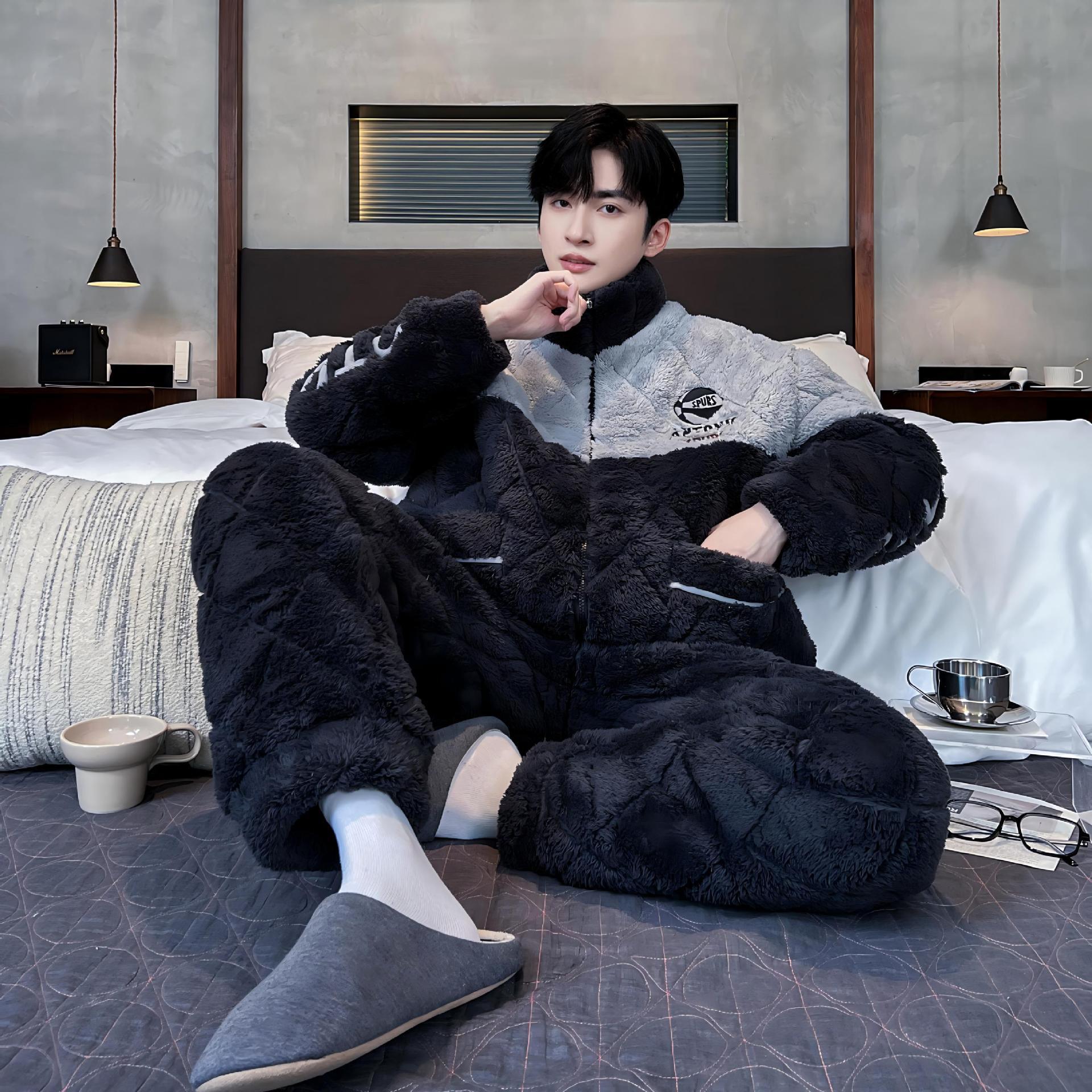 睡衣男冬季超厚三层加绒夹棉男士保暖珊瑚绒家居服棉袄可外穿套装
