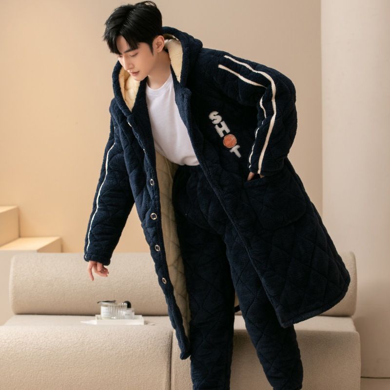 秋冬季睡袍男三层夹棉珊瑚绒加厚加绒冬款睡衣男士长款保暖家居服