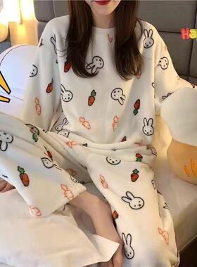 睡衣女秋冬长袖加厚法兰绒珊瑚绒套装韩版甜美可爱家居服公主加绒