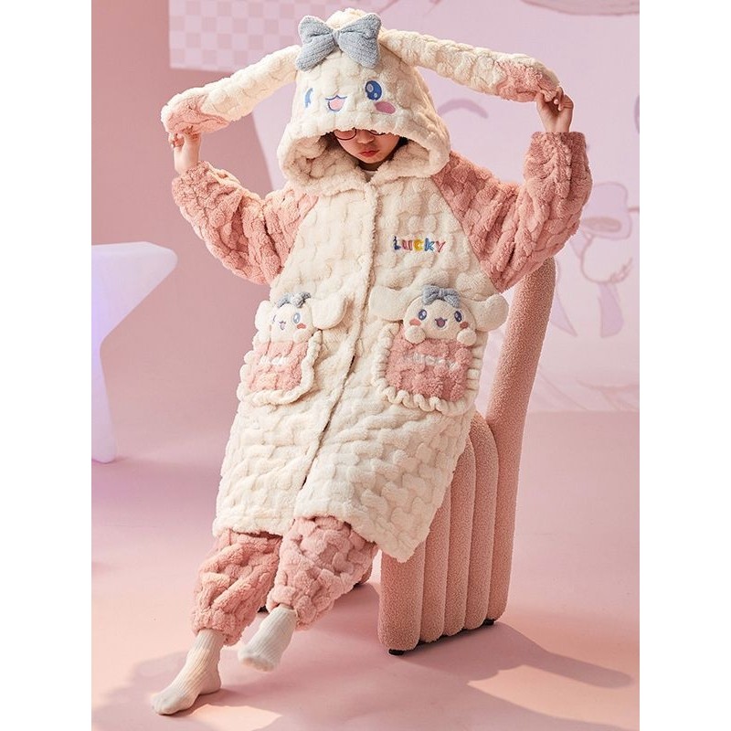 秋冬季女童法兰绒睡袍加绒加厚中长款珊瑚绒中大童儿童睡衣家居服